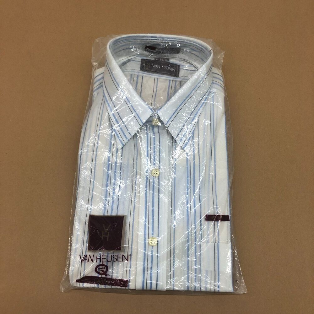 Vtg Van Heusen Disco Shiny Qiana Dress Shirt 16 34/36 White with Blue Stripes